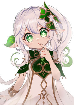 1girl :o bare_shoulders bracelet commentary_request cross-shaped_pupils detached_sleeves dress finger_to_mouth fingernails genshin_impact gold_trim green_eyes green_hair green_sleeves hair_between_eyes hair_ornament head_tilt hmiyasaki jewelry leaf_hair_ornament long_hair looking_at_viewer multicolored_hair nahida_(genshin_impact) pointy_ears side_ponytail simple_background sleeveless sleeveless_dress solo symbol-shaped_pupils white_background white_dress white_hair