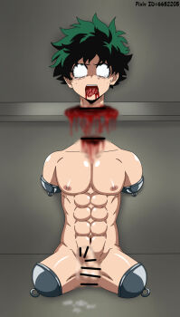 1boy amputated_arm amputated_leg amputation amputee bar_censor blood blood_on_neck blood_splatter boku_no_hero_academia boys_love censored corpse crying cum death decapitated_head decapitation disembodied_head ero_guro gp007 green_eyes green_hair guro highres male_focus midoriya_izuku muscular muscular_male necrophilia penis severed_arm severed_head severed_leg severed_limb shota snuff testicles thighs tongue tongue_out