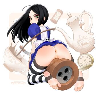 1girl alice:_madness_returns american_mcgee's_alice anus black_hair blush bottomless feet green_eyes highres long_hair looking_at_viewer looking_back open_mouth presenting pussy rezodwel socks soles stirrup_legwear tea toeless_legwear