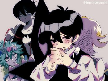 Rule 34 | 4boys, alternate sleeve length, antenna hair, basil (faraway) (omori), basil (headspace) (omori), basil (omori), black eyes, black hair, black tank top, blonde hair, blue overalls, blush, closed mouth, collarbone, collared shirt, colored skin, commentary request, double-parted bangs, evil smile, flower, flower wreath, green eyes, green hair, green shirt, green sweater vest, grey background, hair between eyes, head wreath, highres, interlocked fingers, kauchi (kani10cauchi), long sleeves, looking at another, male focus, multiple boys, omori, omori (omori), overalls, own hands clasped, own hands together, shirt, short hair, sidelocks, simple background, smile, something (omori), sunny (omori), sweat, sweater vest, t-shirt, tank top, twitter username, white shirt, white skin