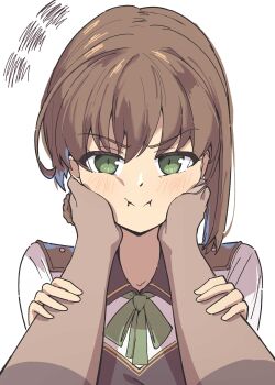 1boy 1girl absurdres blush brown_hair closed_mouth commentary duvalie eiyuu_densetsu green_eyes hands_on_another's_cheeks hands_on_another's_face highres looking_at_viewer naisu_(nai_su01) pov pov_hands sen_no_kiseki sen_no_kiseki_(series) sen_no_kiseki_iv simple_background squiggle straight-on v-shaped_eyebrows white_background