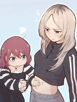 2girls alternate_hairstyle ayataka_syumimi black_dress black_sweater blue_background blush closed_mouth commentary_request crop_top dress girls_band_cry grey_eyes grey_hair grey_pants highres iseri_nina kawaragi_momoka long_hair long_sleeves midriff multicolored_hair multiple_girls outline pants pinafore_dress red_hair roots_(hair) short_hair simple_background slapping sleeveless sleeveless_dress squiggle sweatdrop sweater white_outline yuri zipper_pull_tab