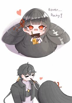 Rule 34 | 1boy, animalization, black hair, black jacket, blush, chisa (wuthering waves), commentary, english text, feeding, food, grey shirt, hair ribbon, heart, holding, holding food, holding pocky, jacket, long hair, male rover (wuthering waves), obgbegom, open mouth, pocky, red eyes, red ribbon, ribbon, rover (wuthering waves), shirt, smile, solo, wuthering waves