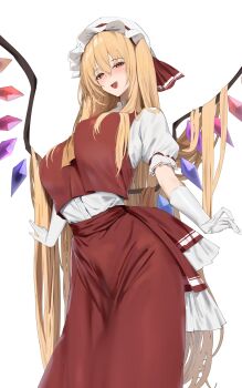 Rule 34 | 1girl, 258n, :d, aged up, alternate hair length, alternate hairstyle, blonde hair, blush, breasts, crystal wings, fangs, flandre scarlet, gloves, hair between eyes, hair over shoulder, hair over wings, hat, highres, large breasts, long hair, looking at viewer, mob cap, open mouth, red eyes, red skirt, red vest, shirt, short sleeves, side ponytail, skirt, smile, solo, teeth, touhou, upper teeth only, vampire, very long hair, vest, white background, white gloves, white shirt, wings