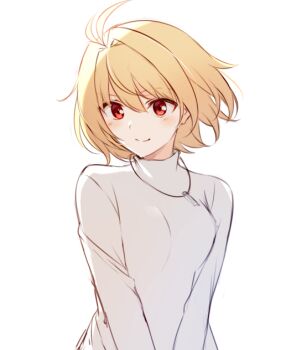 1girl arcueid_brunestud blonde_hair breasts closed_mouth jewelry mikami_(nemu_mohu) pendant red_eyes short_hair simple_background smile solo sweater tsukihime tsukihime_(remake) upper_body white_background white_sweater