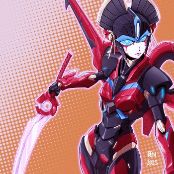 1girl airplane_wing blue_eyes breasts chuva736 crotch_plate curvy energy_sword flame_toys flame_toys_windblade geisha highres humanoid_robot mechanical_wings metal_skin nihongami pink_lips robot robot_girl small_breasts sword transformers weapon windblade wings