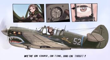 1girl absurdres aircraft airplane airplane_interior canopy_(aircraft) clipboard cloud cloudy_sky cockpit day english_text flight_suit flying flying_tigers gloves helmet highres kill_markings korean_commentary military military_vehicle nose_art open_cockpit original p-40_warhawk patch pilot pilot_helmet piloting propeller_fighter rifleman1130 shark_nose_art shoulder_patch sky smile world_war_ii
