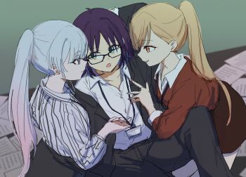 3girls alternate_costume alternate_hairstyle alternate_universe bespectacled black-framed_eyewear blonde_hair blue_hair cho_kaguya-hime! collared_shirt glasses gradient_hair green_eyes grey_hair highres id_card ini_yoy kaguya_(cho_kaguya-hime!) lanyard long_hair long_sleeves looking_at_another multicolored_hair multiple_girls office_lady open_mouth orange_eyes paper parted_lips pink_hair ponytail purple_hair runami_yachiyo sakayori_iroha shirt short_hair smile yuri