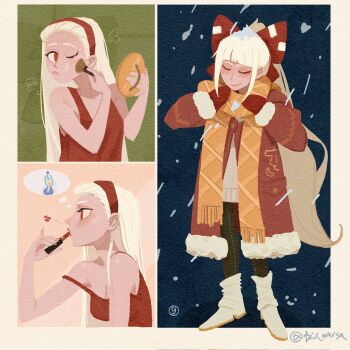 applying_lipstick applying_makeup applying_own_makeup black_pants boots bow cat coat commentary fujiwara_no_mokou fur-trimmed_coat fur_trim gloves grmarsa hair_bow hair_ribbon highres image_in_thought_bubble kamishirasawa_keine lipstick long_hair long_sleeves makeup neckerchief pants red_eyes ribbon smile snow solo speech_bubble sweater symbol-only_commentary thought_bubble touhou very_long_hair white_boots white_hair