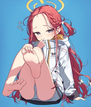 aqoot arm_at_side arm_support bare_legs barefoot blue_archive blue_background blush bow braid commentary_request feet flying_sweatdrops foot_focus forehead hair_bow halo hand_on_own_chin hand_up highres jacket large_forehead loli long_hair long_sleeves millennium_science_school_logo multiple_hair_bows oversized_clothes oversized_jacket panties presenting_own_foot purple_eyes red_hair side_braid simple_background sitting soles toes underwear very_long_hair white_bow white_jacket white_panties yellow_halo yuzu_(blue_archive)