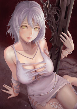 1girl arm_support bandaged_arm bandaged_leg bandages bare_shoulders barefoot bracelet breasts choker cleavage code_vein dress highres holding holding_weapon io_(code_vein) jewelry large_breasts luffie medium_hair necklace panties pink_lips purple_eyes short_dress silver_hair sitting symbol-shaped_pupils thighs torn_clothes torn_dress underwear weapon white_dress white_panties yellow_eyes