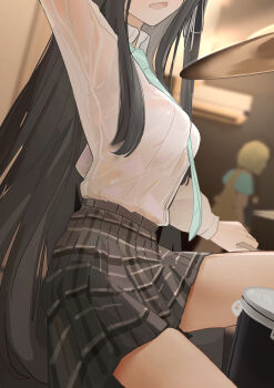 1girl absurdres andersonalac arm_up awa_subaru black_hair blue_necktie blurry blurry_background breasts commentary_request cymbals dress_shirt drumsticks girls_band_cry grey_skirt hair_ribbon head_out_of_frame highres holding holding_drumsticks instrument long_hair long_sleeves medium_breasts necktie open_mouth plaid_clothes plaid_skirt pleated_skirt ribbon school_uniform shirt shirt_tucked_in skirt sweat very_long_hair white_ribbon white_shirt