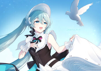 1girl aqua_hair bird blue_eyes clothes_lift dove dress dress_lift hair_between_eyes hair_ornament hand_on_own_chest hatsune_miku highres houga_1710_sps lifting_own_clothes light_blush long_hair looking_at_another miku_day miku_symphony_(vocaloid) official_alternate_costume official_alternate_hairstyle open_mouth sleeveless sleeveless_dress smile twintails upper_body very_long_hair vocaloid white_bird wrist_cuffs