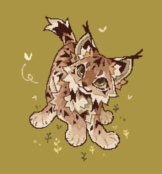 :3 animal animal_focus baby_animal chinese_commentary closed_mouth commentary_request ear_tufts full_body green_background green_eyes heart looking_at_viewer lynx no_humans original pixel_art simple_background smile solo standing teeacat