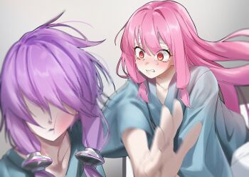 Rule 34 | 2girls, absurdres, c.parfait, highres, hospital gown, kotonoha akane, multiple girls, pink hair, purple hair, slap mark, slapping, tagme, tears, voiceroid, yuzuki yukari