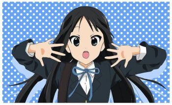 1girl akiyama_mio artist_request black_hair dot_nose facing_viewer feet_out_of_frame female_focus k-on! long_hair long_sleeves looking_at_viewer open_mouth ribbon sakuragaoka_high_school_uniform school_uniform shirt solo source_request standing white_shirt