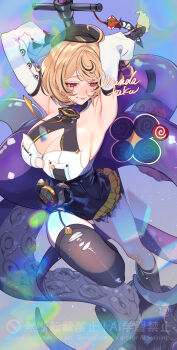 1girl armpit_focus armpits arms_up asymmetrical_shorts bare_shoulders beret black_hat black_shorts blonde_hair breasts button_gap cleavage closed_mouth commentary_request detached_sleeves garter_straps hat high-waist_shorts highres holding holding_behind_back holding_weapon_behind_back large_breasts looking_down mole mole_under_mouth presenting_own_armpit shirt short_hair shorts single_garter_strap single_thighhigh smile solo suction_cups tentacle_girl tentacle_tail tentacles thighhighs torn_clothes torn_thighhighs twitter_username white_shirt yidhari_murphy zenless_zone_zero zunda_kaku