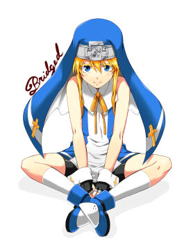 Rule 34 | 1boy, ankle boots, arms between legs, bare arms, bare shoulders, bike shorts, black gloves, black shorts, blonde hair, blue boots, blue eyes, blue veil, blue vest, boots, bridget (guilty gear), character name, closed mouth, cross, cross print, fingerless gloves, floating clothes, gloves, guilty gear, guilty gear xx, guimpe, hair between eyes, highres, indian style, invisible floor, kneehighs, latin cross, light blush, long sidelocks, looking at viewer, male focus, mars symbol, neck ribbon, nun, on floor, ooike teru, own hands together, print wrist cuffs, ribbon, shadow, shirt, short hair, short hair with long locks, shorts, sidelocks, simple background, sitting, sleeveless, sleeveless shirt, smile, socks, solo, straight-on, trap, two-sided veil, upturned eyes, v arms, veil, vest, white background, white shirt, white socks, white trim, white wrist cuffs, wrist cuffs, yellow ribbon