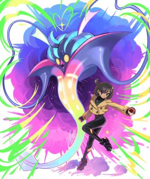 1girl beak black_bodysuit black_hair blawn_z blue_eyes bodysuit bodysuit_under_clothes breasts brown_jacket closed_mouth dark-skinned_female dark_skin emma_(pokemon) full_body gen_6_pokemon gloves heart highres holding holding_poke_ball jacket malamar mega_malamar mega_pokemon mega_stone nintendo open_mouth poke_ball poke_ball_(basic) pokemon pokemon_(creature) pokemon_legends:_z-a purple_eyes short_hair squid tentacles yellow_eyes