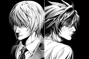 2boys adam's_apple bags_under_eyes black_background collared_shirt commentary death_note from_behind greyscale hair_between_eyes highres jacket l_(death_note) lips looking_at_viewer male_focus monochrome multiple_boys necktie nose ruttika_shin shirt simple_background suit_jacket yagami_light