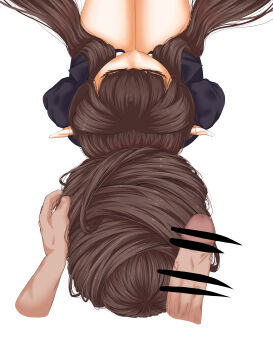 Rule 34 | 1girl, absurdres, bare legs, bebekp, brown hair, closed eyes, disembodied hand, disembodied penis, fate/apocrypha, fate (series), from above, grabbing another's hair, hair bun, hair flowing over, hair focus, highres, holding another's hair, jacket, long hair, penis, pointy ears, semiramis (fate), simple background, single hair bun, sitting, suit jacket, very long hair, white background