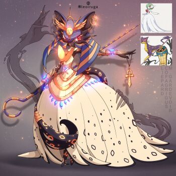 animal_ears artist_name black_skin character_name cofagrigus colored_skin commission dress earrings fusion gardevoir gen_3_pokemon gen_5_pokemon ghost_hands gold_earrings highres holding holding_staff jewelry leoiruga liepard mega_gardevoir mega_pokemon nintendo official_art_inset pokemon pokemon_(creature) red_eyes signature staff tail white_dress