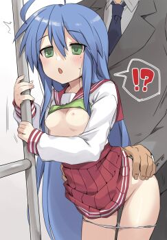 !? 1boy 1girl ahoge blue_hair blush breasts chikan formal_clothes green_eyes hetero highres izumi_konata loli long_hair lucky_star mole molestation nipples panties school_uniform sex small_breasts spoken_interrobang suit tarou_(komekueyo) underwear