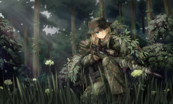 1girl ai_arctic_warfare blonde_hair bolt_action boonie_hat bush camouflage female_focus flower forest germany ghillie_suit grass green_eyes gun h&amp;k_mp7 hat heckler_&amp;_koch highres leaf light_rays long_hair machine_pistol military military_uniform nature original personal_defense_weapon rifle scope sniper sniper_rifle soldier solo submachine_gun sunlight tanto_(tc1995) tc1995 tree weapon