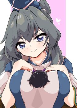 Rule 34 | 1girl, absurdres, blue eyes, blue hat, blush, breasts, breasts squeezed together, closed mouth, commentary request, grey hair, gurajio, hat, heart, highres, large breasts, long hair, looking at viewer, mononobe no futo, pink background, pom pom (clothes), ponytail, smile, solo, tate eboshi, touhou, upper body