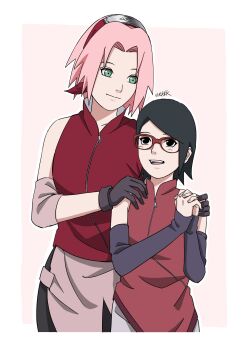 2girls :d black_eyes black_gloves black_hair boruto:_naruto_next_generations closed_mouth detached_sleeves glasses gloves green_eyes hands_on_another&#039;s_shoulders haruno_sakura highres interlocked_fingers looking_at_another mother_and_daughter multiple_girls naruto_(series) naruto_shippuuden open_mouth own_hands_together pink_hair red_shirt shirt sleeveless sleeveless_shirt smile teeth time_paradox uchiha_sarada upper_teeth_only weibinln zipper_pull_tab