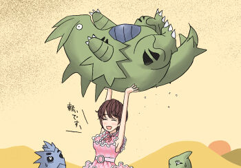 1girl artist_request breasts brown_hair carrying crossover evolutionary_line gen_2_pokemon highres idolmaster idolmaster_cinderella_girls larvitar looking_at_another medium_breasts nintendo no_humans oikawa_shizuku open_mouth pokemon pokemon_(creature) pupitar sharp_teeth simple_background tail teeth translation_request tyranitar what