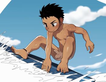 1boy absurdres cloud cloudy_sky dark-skinned_male dark_skin eukio foreskin highres male_focus nude original penis phimosis short_hair shota sky solo surfboard surfing testicles waves