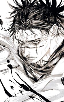 Rule 34 | 1boy, choso (jujutsu kaisen), closed mouth, facial mark, greyscale, hemokinesis, highres, jozpic, jujutsu kaisen, looking at viewer, male focus, monochrome, short hair, short twintails, signature, simple background, solo, twintails, veiny face, white background