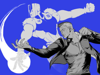1boy 1other blending blue_background blue_theme commentary_request d0rii diamond_wa_kudakenai dollar_sign fighting_stance flattop gakuran highres jojo_no_kimyou_na_bouken korean_commentary multicolored_hair nijimura_okuyasu pompadour school_uniform stand_(jojo) the_hand_(stand) two-tone_hair yen_sign