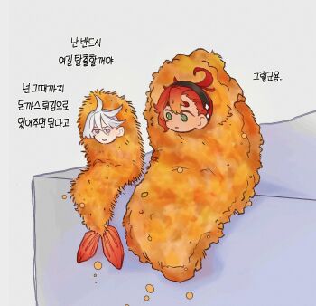 2girls ahoge black_hairband food foodification green_eyes grey_eyes gundam gundam_suisei_no_majo hairband highres katsu_(food) korean_text miorine_rembran multiple_girls myong8_0 red_hair shrimp shrimp_tempura suletta_mercury tempura translation_request what white_hair