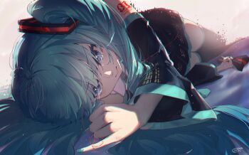 1girl absurdres aqua_eyes aqua_hair aqua_nails aqua_trim arm_tattoo black_bow black_skirt black_sleeves boots bow closed_mouth collared_shirt commentary_request crying crying_with_eyes_open detached_sleeves fingernails hair_between_eyes hair_ornament hatsune_miku highres holding holding_bow_(ornament) long_hair long_sleeves lying miniskirt nail_polish number_tattoo on_side pleated_skirt shirt skirt sleeveless sleeveless_shirt string string_around_finger string_of_fate tattoo tears thigh_boots user_dmn7126 vocaloid white_shirt