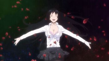 10s 1girl 2017 animated animated_gif black_hair bra breasts cleavage female_focus floating_hair flower jabami_yumeko kakegurui large_breasts long_hair open_clothes open_shirt pantyhose pink_bra pleated_skirt red_eyes skirt solo tagme thighband_pantyhose underwear walking