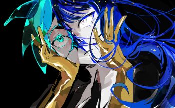 absurdres androgynous aqua_eyes aqua_hair black_gooose blue_hair colored_eyelashes colored_skin cracked_skin crying crying_with_eyes_open crystal_hair gem_uniform_(houseki_no_kuni) golden_arms hands_on_own_face heterochromia highres houseki_no_kuni long_hair looking_ahead phosphophyllite phosphophyllite_(ll) shirt short_hair solo spoilers tears white_eyes white_shirt