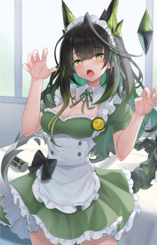 1girl absurdres ahoge apron arknights bar_censor bed black_hair black_ribbon blush breasts breasts_out bright_pupils can censored claw_pose cleavage colored_inner_hair commentary_request cowboy_shot crystal_horns crystal_tail dress emoji energy_drink fang frilled_dress frills green_dress green_eyes green_hair green_streaks groin hands_up highres huge_ahoge long_hair looking_at_viewer maid medium_breasts mon3tr_(arknights) monster_energy multicolored_hair naked_apron nipples nude open_mouth ribbon sidelocks sktre12 solo standing tail white_apron white_pupils window
