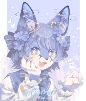 1girl :d animal_ears animal_hands blouse blue_bow blue_bowtie blue_eyes blue_fur blue_hair blue_theme bow bowtie braid claws commentary commission fangs flower fox_ears fox_girl furry furry_female hair_bow hair_flower hair_ornament long_sleeves looking_at_viewer neku_boo open_mouth original shirt short_hair smile solo star-shaped_pupils star_(symbol) symbol-shaped_pupils upper_body watermark white_shirt