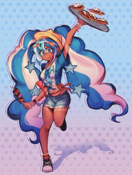 1girl argentinian_flag argentinian_flag_print arm_up big_hair blue_eyes blue_hair blue_shorts bracelet flag_print food full_body hat hatsune_miku highres holding holding_food holding_tray jewelry lattelattoso leg_up long_hair midriff multicolored_hair multiple_bracelets rope shirt short_sleeves shorts shorts_tan smile solo standing star_(symbol) streaked_hair tan tanline tied_shirt tongue tongue_out tray twintails very_long_hair vocaloid worldwide_miku