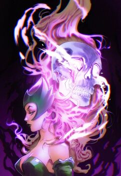 1girl bare_shoulders blonde_hair breasts cleavage elbow_gloves floating_hair from_side gloves glowing green_gloves highres long_hair marvel medium_breasts mirka_andolfo polaris_(x-men) skull solo upper_body