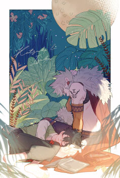 2boys alternate_universe arm_behind_head arm_up bakugou_katsuki barefoot belt black_pants blonde_hair blue_background blurry blurry_foreground body_markings boku_no_hero_academia book boots border brown_belt cape character_name closed_eyes collared_shirt commentary curled_up curly_hair depth_of_field detached_sleeves earrings fingernails flower foliage freckles from_side full_moon fur-trimmed_boots fur-trimmed_cape fur_trim grass green_hair green_pants green_vest grey_footwear hair_between_eyes halftone hand_on_another's_hand hand_on_ground head_down head_on_hand highres jewelry karasu_(milkcube) knee_pads knee_up lapels leaf liquid long_sleeves looking_at_another looking_down lying magatama magatama_earrings male_focus midoriya_izuku moon multiple_boys necklace night no_shirt notched_lapels official_alternate_costume on_side open_book outdoors outside_border pants parted_lips profile red_cape red_eyes shirt short_hair sidelighting sleeping spiked_hair test_tube tooth_earrings tooth_necklace triangle_print vest white_border white_shirt yellow_moon