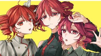 3girls black_shirt breast_pocket buttons closed_mouth double-breasted drill_hair grey_jacket hair_ribbon hand_up jacket kasane_teto kasane_teto_(sv) kasane_teto_(utau) kasane_teto_(voicepeak) looking_at_viewer multiple_girls multiple_persona open_mouth pocket popomine_(popo3ne) red_eyes red_hair ribbon shirt synthesizer_v twin_drills utau voicepeak yellow_background