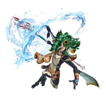 1girl absurdres animal_helmet arm_up artist_request barefoot blue_skin colored_skin covered_face female_focus fish_girl full_body furry furry_female gills gold_trim green_helmet head_tail helm helmet highres holding holding_polearm holding_weapon hydrokinesis hyrule_warriors:_age_of_imprisonment leg_up magatama multicolored_skin multiple_necklaces official_art outstretched_arm polearm qia_(zelda) simple_background solo standing standing_on_one_leg the_legend_of_zelda the_legend_of_zelda:_tears_of_the_kingdom transparent_background trident two-tone_skin water weapon webbed_feet webbed_hands white_skin