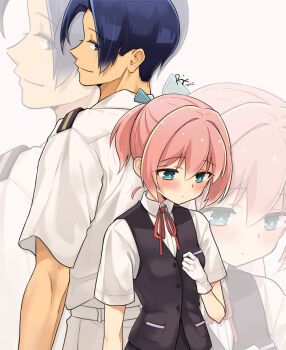 1boy 1girl admiral_(kancolle) back-to-back blue_eyes full_body gloves grey_eyes grey_vest height_difference jacket kantai_collection neck_ribbon pink_hair ponytail r-king red_ribbon ribbon school_uniform shiranui_(kancolle) short_hair short_ponytail short_sleeves upper_body vest white_background white_gloves white_jacket zoom_layer