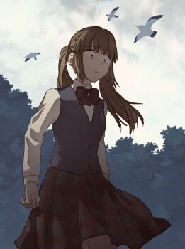 1girl beatrice_(umineko) bird brown_hair character_request check_character constricted_pupils highres hswoimuxk0pwr0h_(bbdan) long_hair low_twintails outdoors plaid_clothes plaid_skirt red_skirt seagull skirt solo standing twintails umineko_no_naku_koro_ni