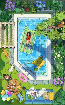 2girls absurdly_detailed_composition aircraft airplane animal arm_at_side arm_pillow balloon barefoot bikini bikini_bottom_only black_hair blanket blue_flower book chair chinese_commentary closed_mouth commentary_request copyright_notice couch covered_eyes day dog flip-flops flower folding_chair food from_above fruit hand_up highres hose hydrangea inflatable_raft innertube jet_airliner lying mixed-language_commentary multiple_girls navel on_back on_chair open_book original outdoors pillow plant pool potted_plant purple_flower red_shirt rubber_duck sandals scenery shading_eyes shadow shirt short_hair short_sleeves sitting sleeveless sleeveless_shirt squirrel summer sunglasses swim_ring swimsuit table tree unworn_sandals wan_(rdnt5487) water water_gun watermark watermelon white_bikini white_shirt wide_shot yellow_flower