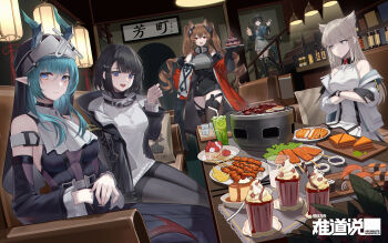 Rule 34 | 5girls, absurdres, angelina (arknights), arknights, arknights: endfield, bare shoulders, black dress, black gloves, black hair, black jacket, black pantyhose, black veil, blue eyes, chen qianyu (arknights), closed mouth, commentary request, crossed hands, detached sleeves, dress, endministrator (arknights), female endministrator (arknights), food, food request, frilled sleeves, frills, gilberta (arknights), gloves, highres, holding, holding plate, horns, indoors, jacket, lantern, long hair, long sleeves, long tail, looking at viewer, multiple girls, open clothes, open jacket, open mouth, pantyhose, paper lantern, perlica (arknights), plate, pointy ears, short hair, smile, sweater, tail, v, veil, wide shot, wuren, xaihi (arknights)
