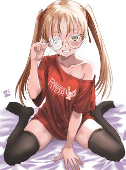 1girl absurdres bed bed_sheet black_thighhighs broken_eyewear brown_hair collarbone commentary_request girls_und_panzer glasses highres kainushi long_hair looking_at_viewer no_pants on_bed oono_aya rabbit red_shirt shirt simple_background sitting smile solo thighhighs twintails white_background